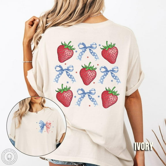 Strawberry Shirt, Strawberry Lovers Tee, Cute Berries Shirt, Strawberries Gift For Her, Coquette Usa Bows Strawberry T-Shirt