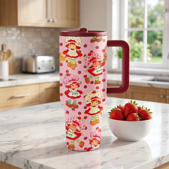 Strawberry Shortcake 40oz Tumbler with Handle and Straw, Insulated Stainless Steel Travel Mug, Drinkware, Leakproof Cup for Coffee and Water