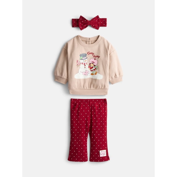 Strawberry Shortcake Baby Girl's Crewneck with Flare Legging and Bow Headband, Sizes 0/3M-24M