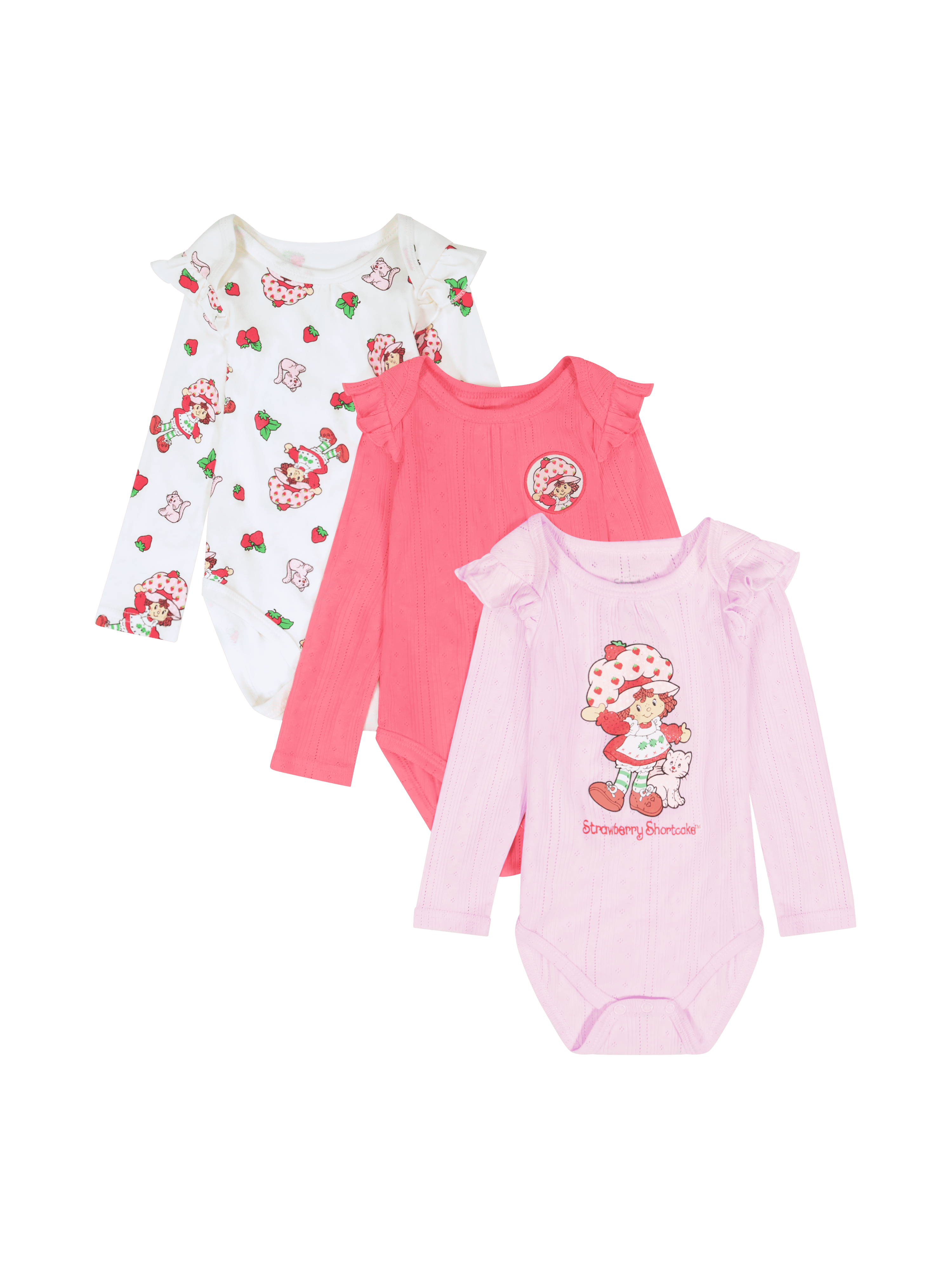 Strawberry Shortcake Baby Girls 3 Pack Long Sleeve Bodysuit, Size 0-24 Months