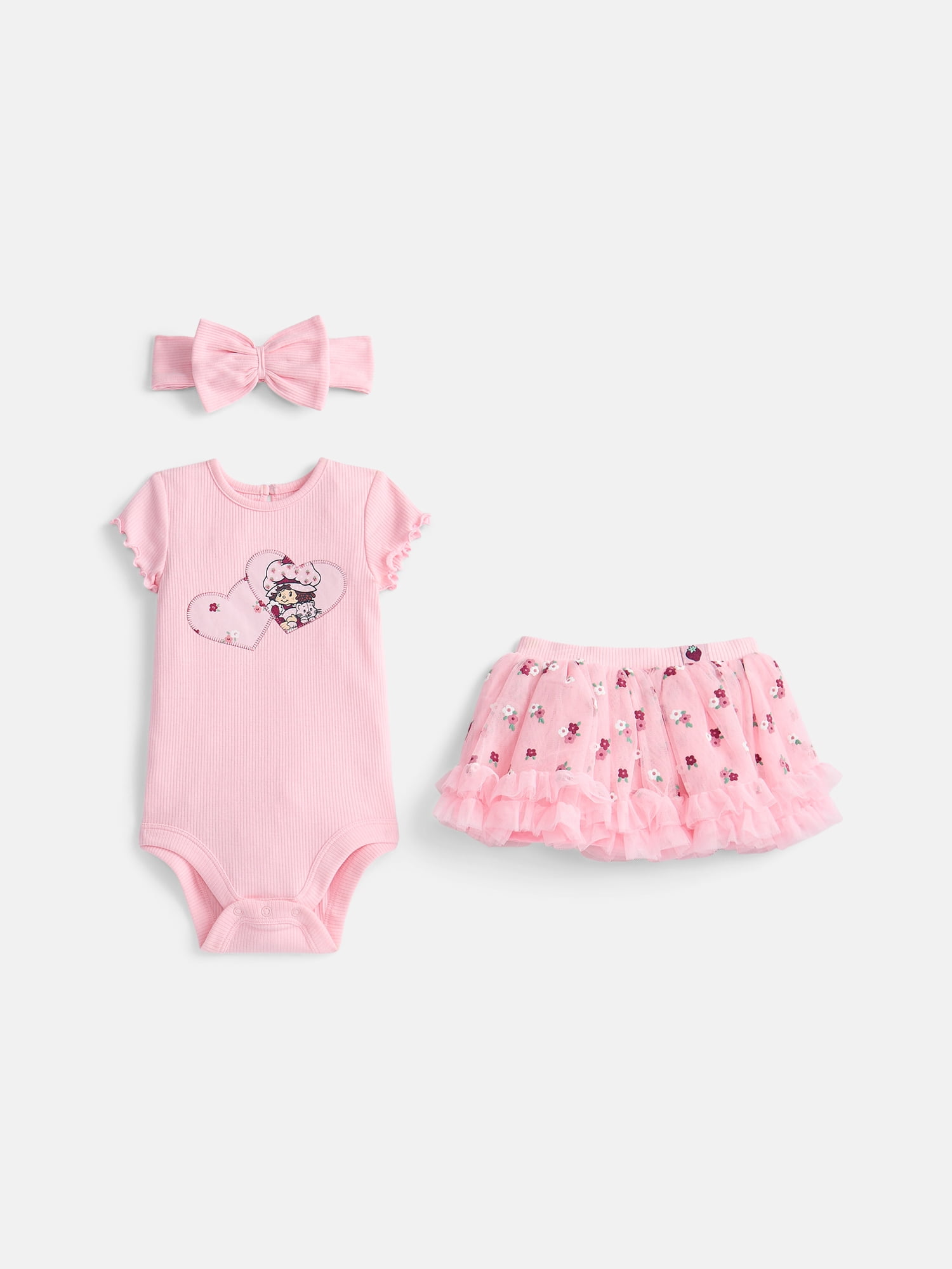 Strawberry Shortcake Baby Girls Bodysuit & Skirt Set with Bow Headband, 3-Piece, 0/3M-24M