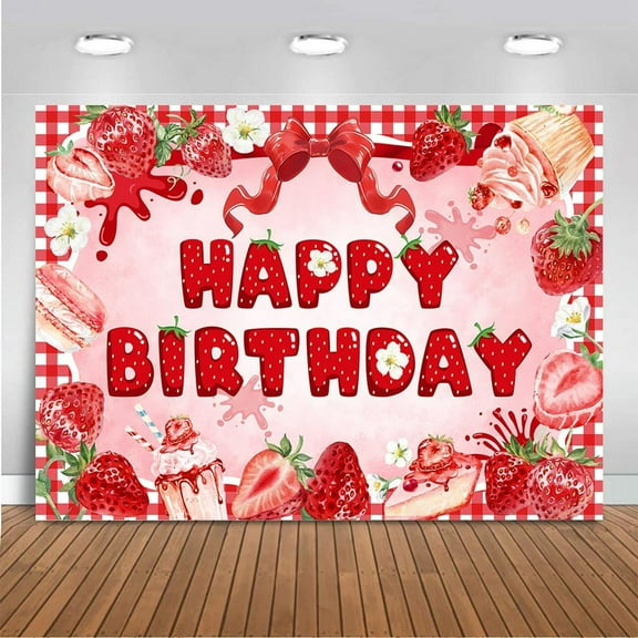 Strawberry Shortcake Backdrop Girls Strawberry Birthday Banner Daisy Red Berry Fruit Strawberry Shortcake Birthday Decorations Photo Props (5x3ft (60x36 inch))