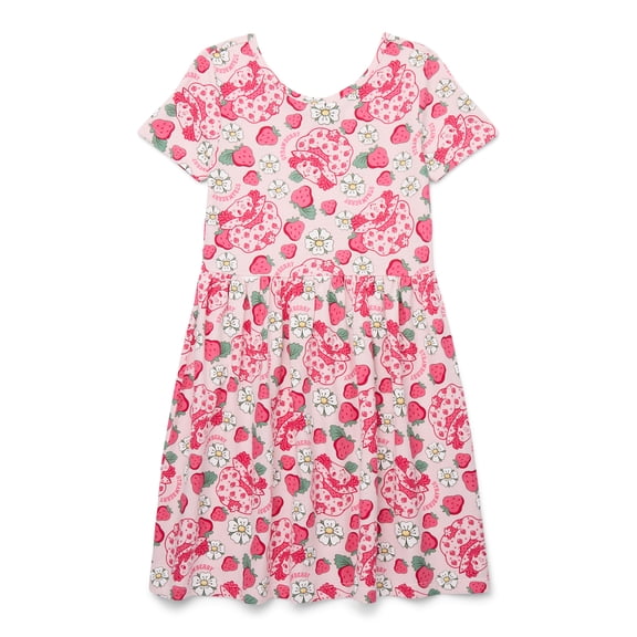 Strawberry Shortcake Girls Allover Print Dress with Short Sleeves, Sizes 4-12