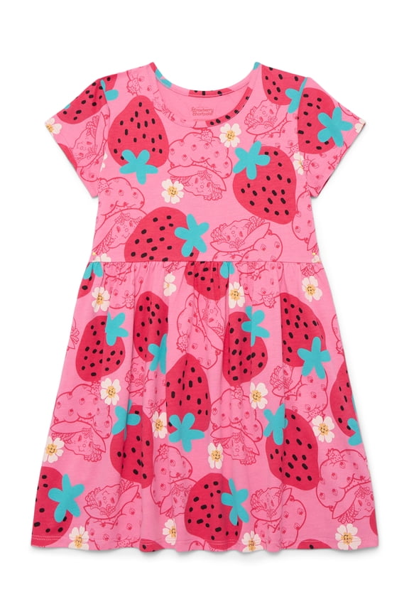 Strawberry Shortcake Girls Allover Print Dress with Short Sleeves, Sizes 4-12