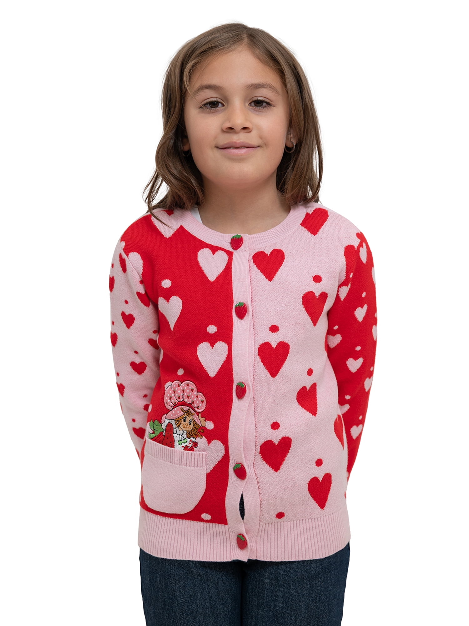 Strawberry Shortcake Girls' Button Front Crewneck Long Sleeve Cardigan with Front Pocket, Size XS-XL