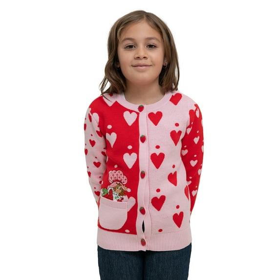Strawberry Shortcake Girls' Button Front Crewneck Long Sleeve Cardigan with Front Pocket, Size XS-XL
