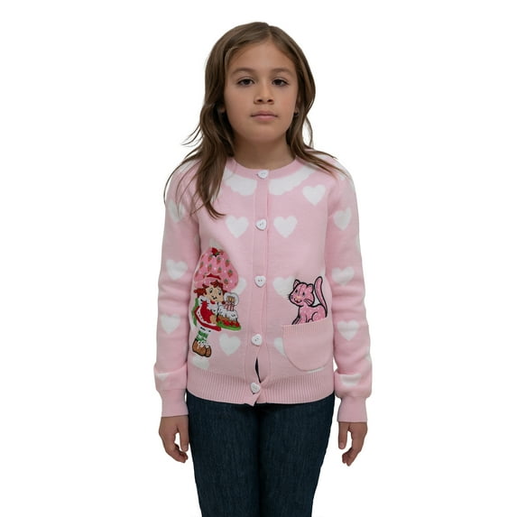 Strawberry Shortcake Girls' Button Front Crewneck Long Sleeve Cardigan with Front Pocket, Size XS-XL