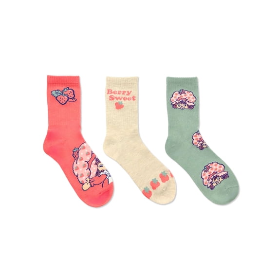 Strawberry Shortcake Girls Mid-Crew Socks, 3-Pack, Sizes S/M-M/L