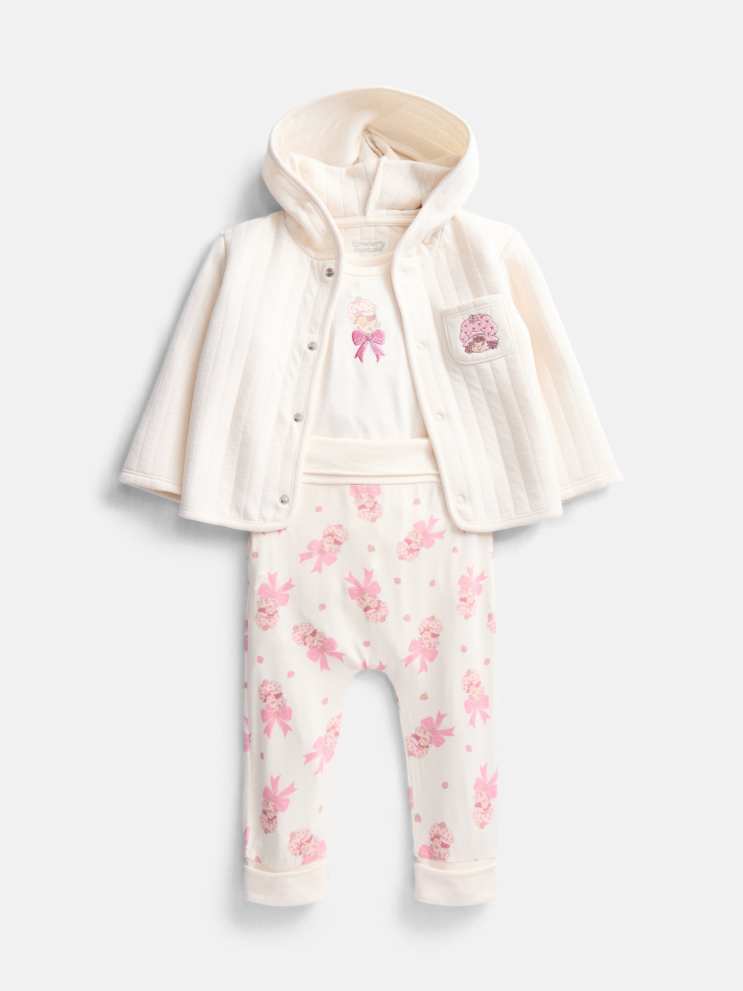 Strawberry Shortcake Baby Hooded Cardigan, Bodysuit and Pants, 3-Piece Outfit Set, Sizes Newborn-18M