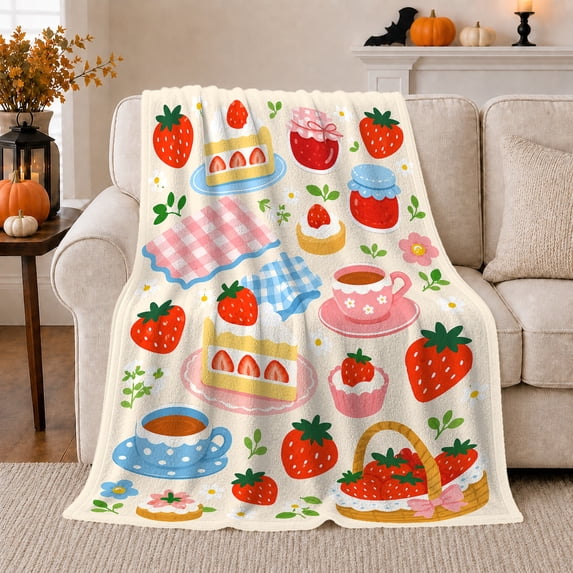 Strawberry Shortcake Jam Illustrations, Playful Food Art Scene, Warm Flannel Blanket for Kitchen and Dining Room with Detailed Artwork, Food Lovers Birthday Gift, Playful Home Decor