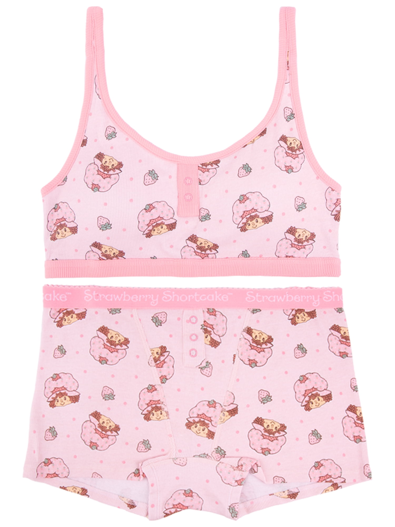 Strawberry Shortcake Junior's 2-Piece Ribbed Knit Bralette and Boxer Brief Set, Size Small to Extra Large
