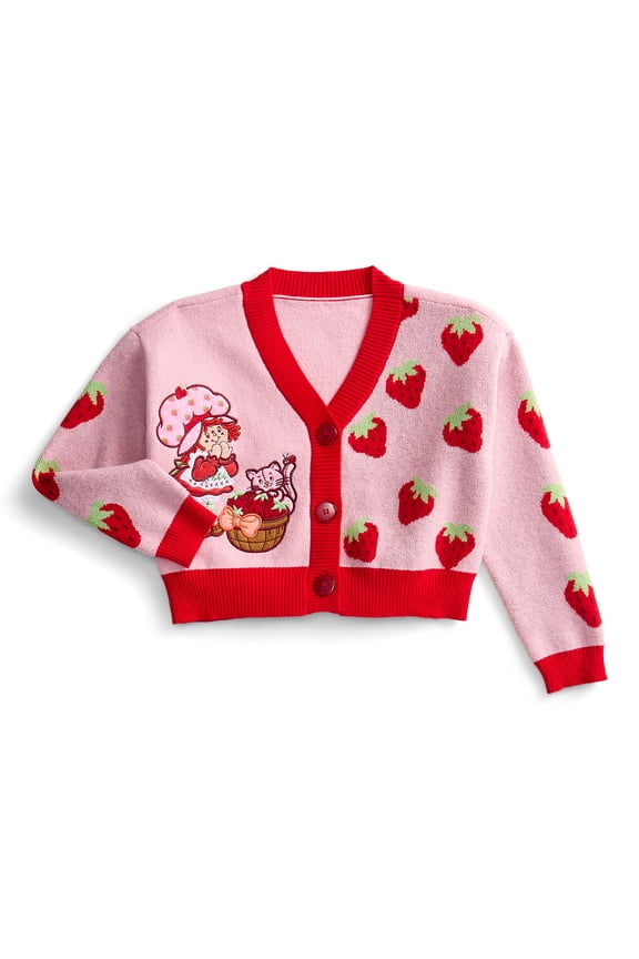 Strawberry Shortcake Button Down V Neck Cardigan with Long Sleeves, Sizes XS-XL