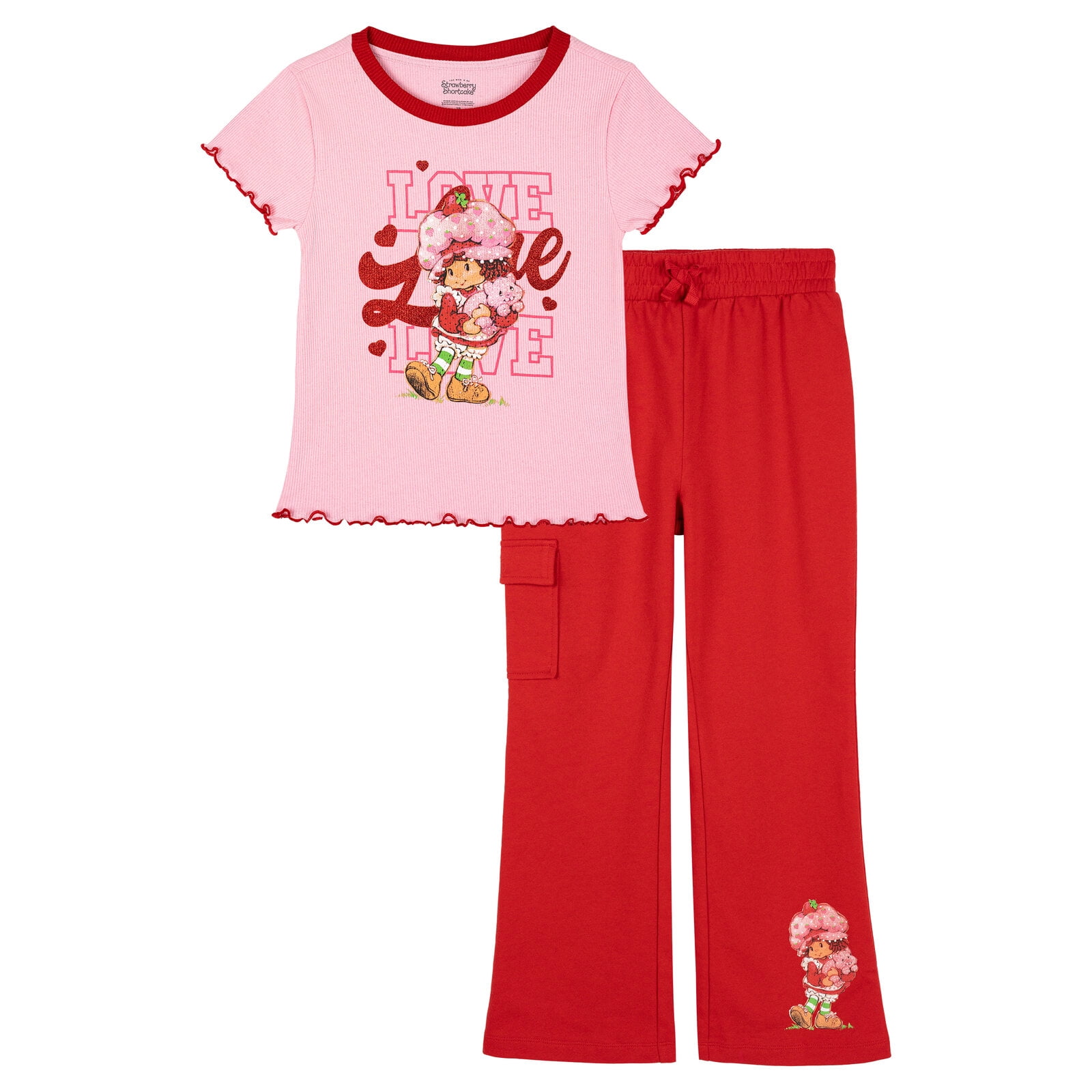 Strawberry Shortcake Toddler Girls' 2-Piece Short Sleeve T-Shirt and Flare Pants Set Pink Red Strawberry
