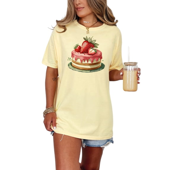 Strawberry Shortcake T-Shirt, Cute Dessert Graphic Tee, Foodie Shirt, Bakery Lovers Gift, Summer Sweet Treat, Watercolor Cake Art, Butter Comfort Colors T-Shirt, Medium