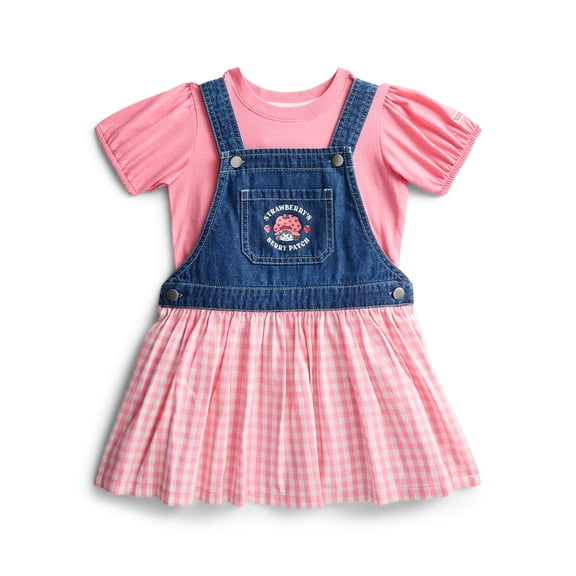 Strawberry Shortcake Toddler Girls Denim Gingham Skirtall and Puff Sleeve Tee Set, 2-Piece, Sizes 12M-5T