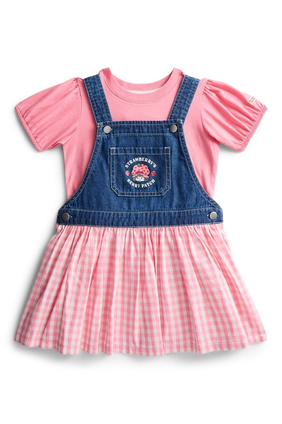 Strawberry Shortcake Toddler Girls Denim Gingham Skirtall and Puff Sleeve Tee Set, 2-Piece, Sizes 12M-5T
