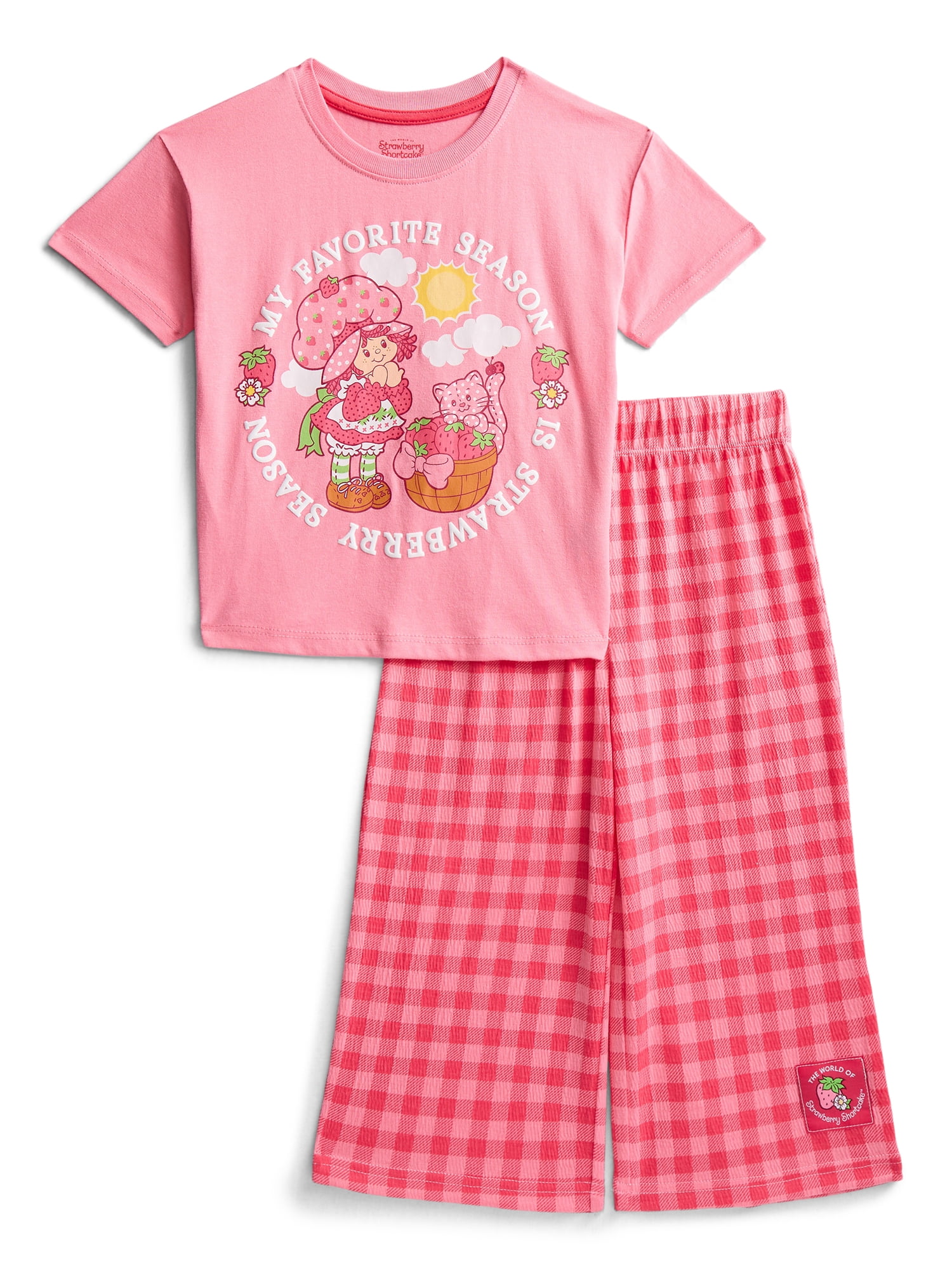 Strawberry Shortcake Toddler Girl s Short Sleeve Ruffle Graphic Tee with Stripe Pant 2 Piece Sizes 12M 5T