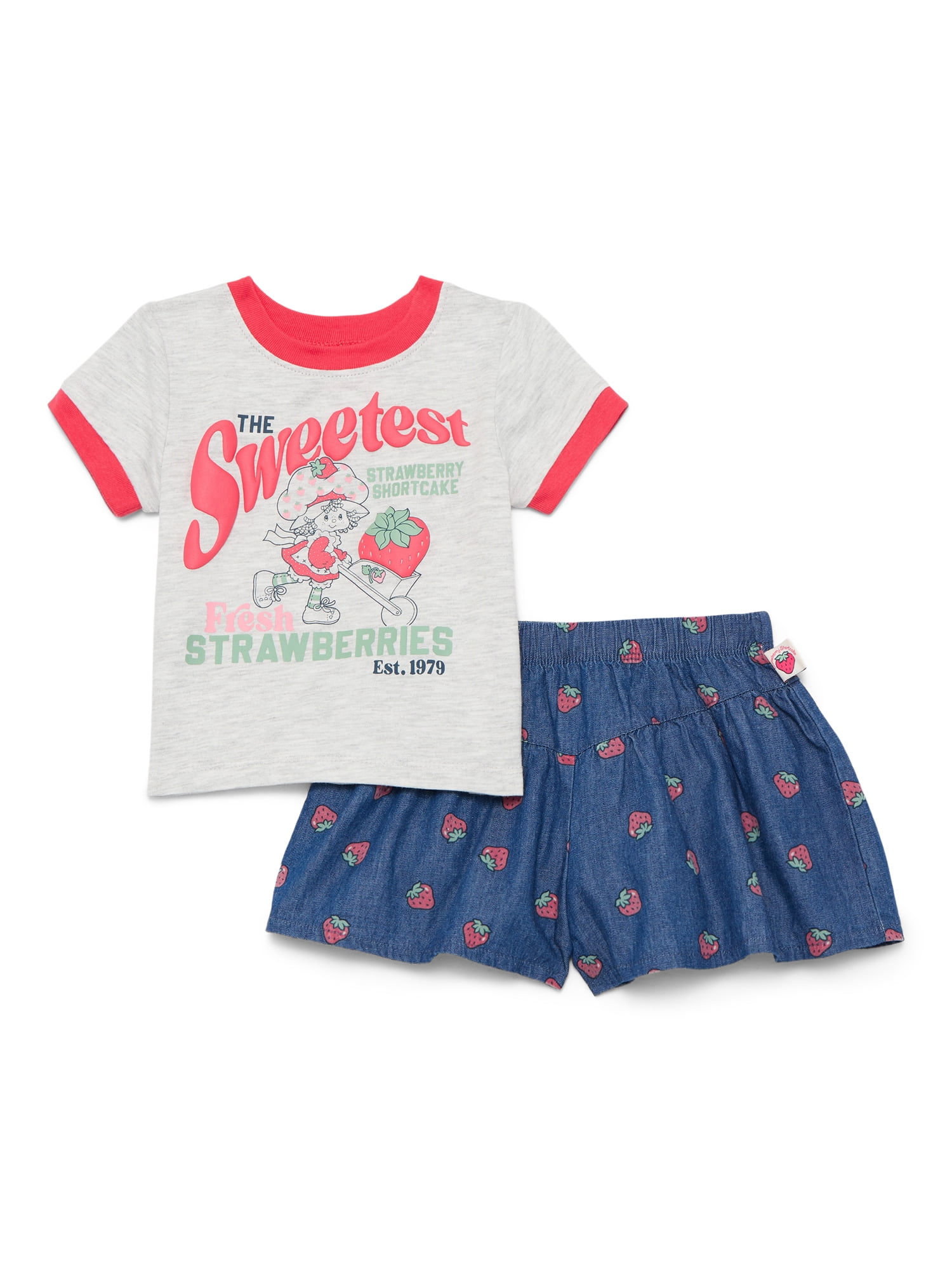 Strawberry Shortcake Toddler Girl s Short Sleeve Ruffle Graphic Tee with Stripe Pant 2 Piece Sizes 12M 5T
