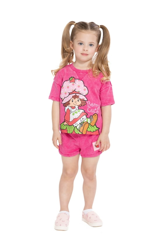 Strawberry Shortcake Toddler Girls Washed Crewneck Graphic Top and Shorts Set, 2-Piece, Sizes 12M-5T