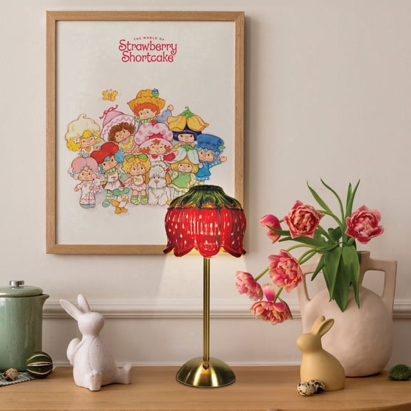 Strawberry Shortcake Touch Lamp- Red Glass Strawberry Shade, USB-C Rechargeable, 3 Dimmable Light Temperatures, LED Desk Lamp, Brass Base & Pole, Cute Dcor for Girls' Bedroom, Housewarming Gift