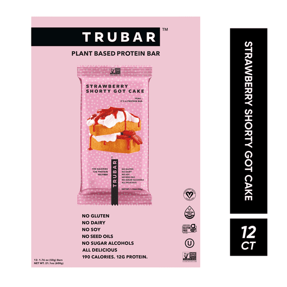 TRUBAR Protein Bar, Strawberry Shorty Got Cake, Plant Based Protein, Vegan, Gluten Free, Kosher, 12 Count (Box)