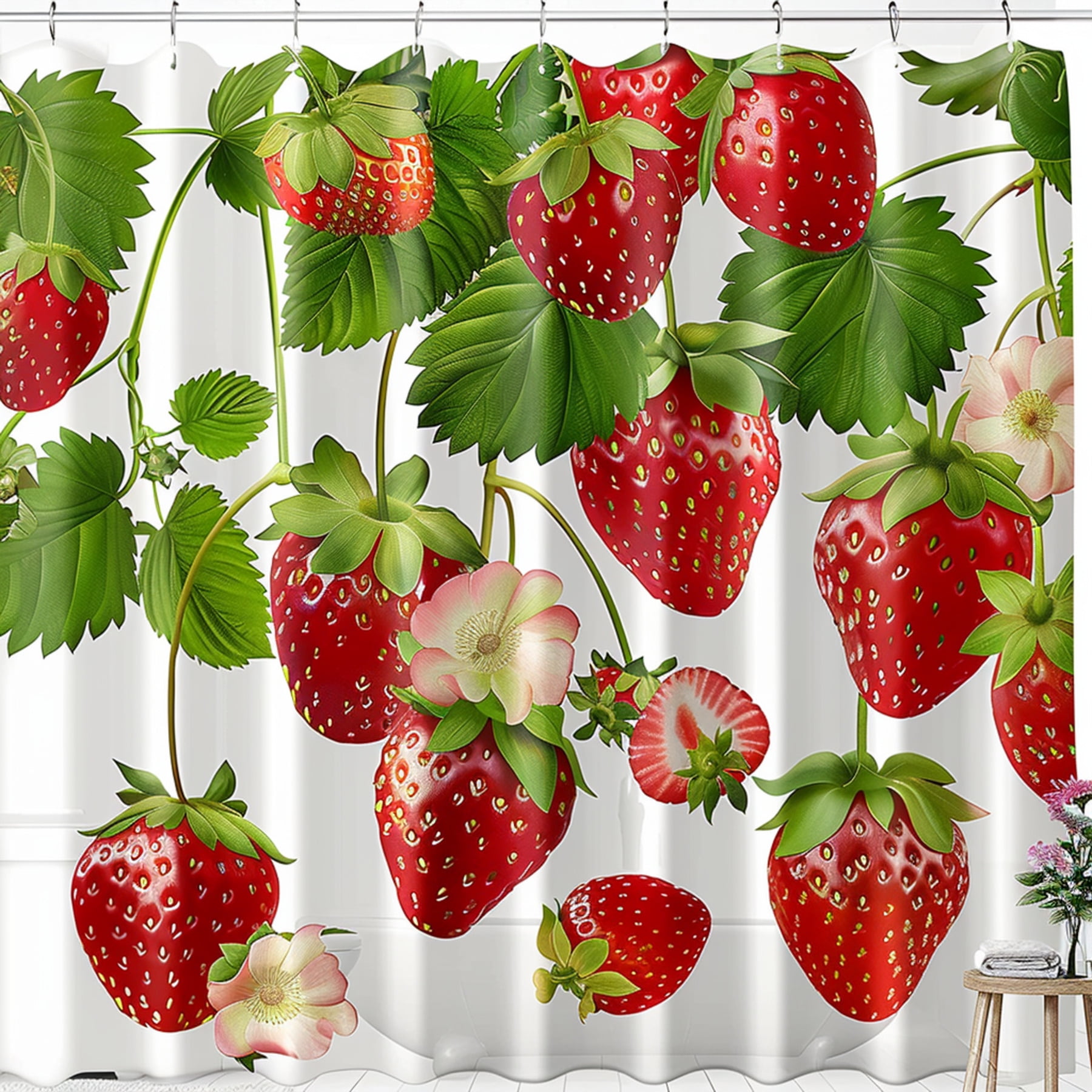 Strawberry Shower Curtain Hyper Realistic Design with 20 Strawberries
