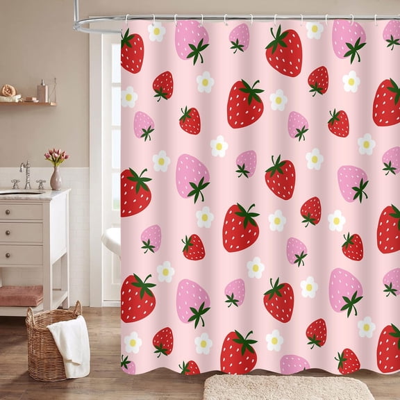 Strawberry Shower Curtain Retro Cute Floral Strawberry Fabric Shower Curtains for Bathroom Decor 72x72Inch Pink Preppy Berry Fruits Spring Summer Bath Curtain with 12 Hooks
