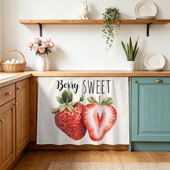 Strawberry Sink Skirt 11"Wx13"L, Dustproof Under Sink Curtain with Self Adhesive Tape, Red Summer Fruits Green Botanical Cabinet Curtain Cover for Bathroom Vanity, RV, Kitchen Cabinet Storage Shelf