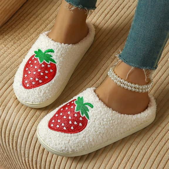 Strawberry Slippers for Women, Closed Toe Sherpa House Shoes with Embroidered Glitter Fruit, Flat Non-Slip Bedroom Indoor Outdoor Mule Slippers Gifts