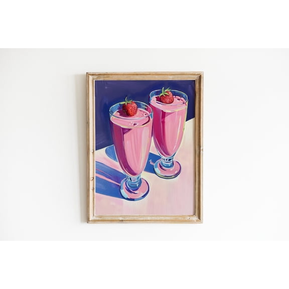 Strawberry Smoothie Colorful Bubblegum Pink Preppy Room Kitchen Decor, Stretched Canvas 16x20in