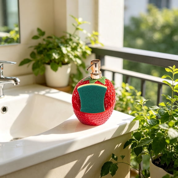 Strawberry Soap Dispenser – Ceramic Pump Bottle with Sponge Holder – Dish Soap Dispenser for Kitchen Bathroom Sink Organizer Decor, 23Oz(Red)