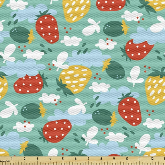 Ambesonne Strawberry Fabric by the Yard Upholstery, Doodle Fruit Pattern, 3 Yards, Multicolor