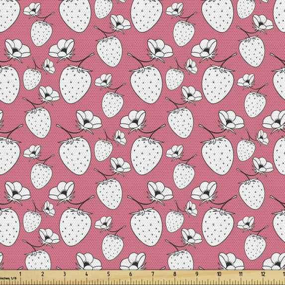Ambesonne Strawberry Fabric by the Yard Upholstery, Flowers Fresh Fruit Art, 2 Yards, Pastel Pink White