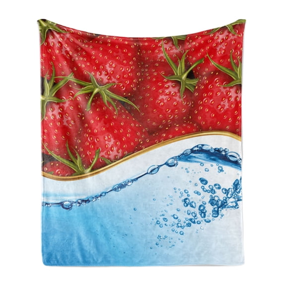 Strawberry Soft Flannel Fleece Throw Blanket, Close up Realistic Summer Fruit on Water Image, Cozy Plush for Indoor and Outdoor Use, 50" x 60", Baby Blue Dark Coral, by Ambesonne