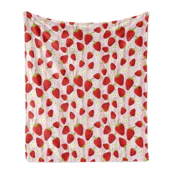 Strawberry Soft Flannel Fleece Throw Blanket, Delicious Summer Fruit Snacks and Daisy Petals Pattern on Striped Background, Cozy Plush for Indoor and Outdoor Use, 50" x 70", Multicolor, by Ambesonne