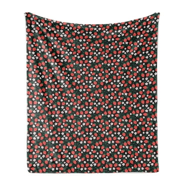 Strawberry Soft Flannel Fleece Throw Blanket, Fresh Summer Fruits Blooming Daisies Pattern on Dark Backdrop, Cozy Plush for Indoor and Outdoor Use, 70" x 90", Jade Green Scarlet, by Ambesonne