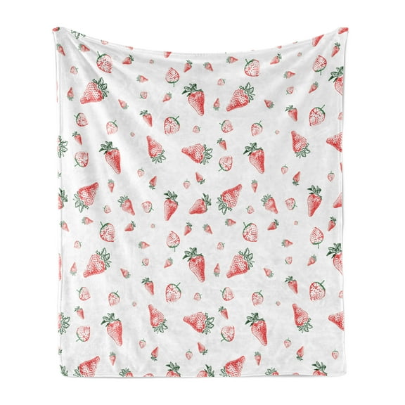 Strawberry Soft Flannel Fleece Throw Blanket, Grunge Pattern with Tropical Fruits Healthy Living Organic Eating, Cozy Plush for Indoor and Outdoor Use, 60" x 80", Vermilion Green White, by Ambesonne