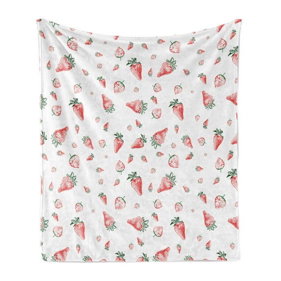 Strawberry Soft Flannel Fleece Throw Blanket, Grunge Pattern with Tropical Fruits Healthy Living Organic Eating, Cozy Plush for Indoor and Outdoor Use, 70" x 90", Vermilion Green White, by Ambesonne