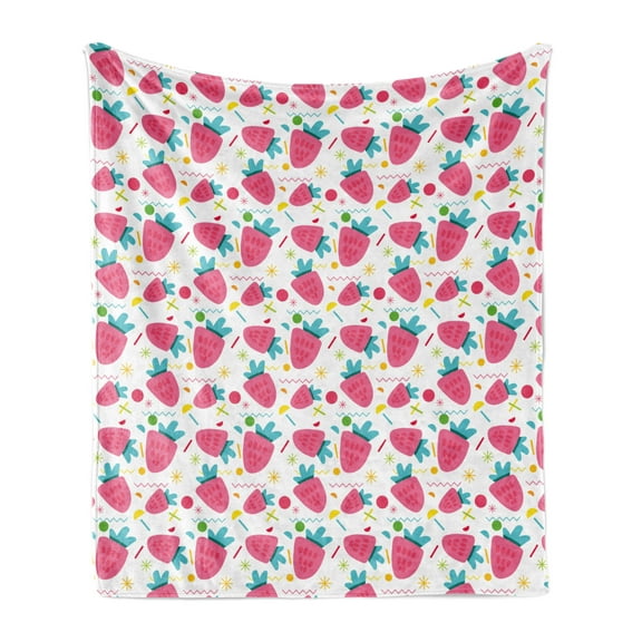 Strawberry Soft Flannel Fleece Throw Blanket, Pattern of Doodle Zigzags Circles and Fruits, Cozy Plush for Indoor and Outdoor Use, 70" x 90", Pink Seafoam White, by Ambesonne