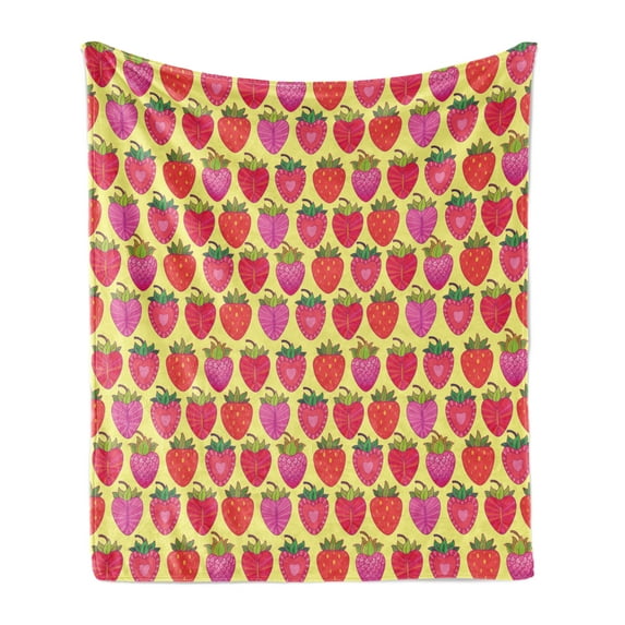 Strawberry Soft Flannel Fleece Throw Blanket, Raspberry and Strawberry Slices Motifs Ornamented with Geometric Shapes Theme, Cozy Plush for Indoor and Outdoor Use, 50" x 60", Multicolor, by Ambesonne