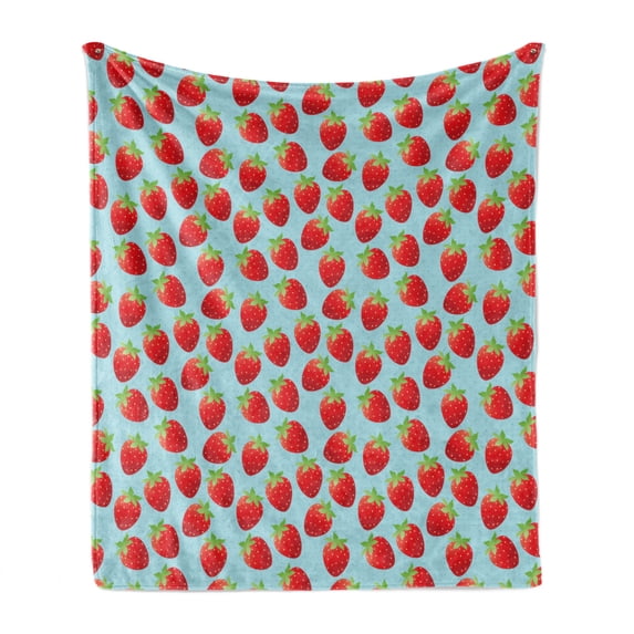 Strawberry Soft Flannel Fleece Throw Blanket, Romantic Vintage Print with Strawberries and Polka Dots, Cozy Plush for Indoor and Outdoor Use, 50" x 60", Green Baby Blue, by Ambesonne