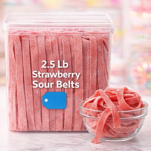Strawberry Sour Belts Candy 2.5 lb Bulk Tub, Sweet & Tart Chewy Ribbon Candy