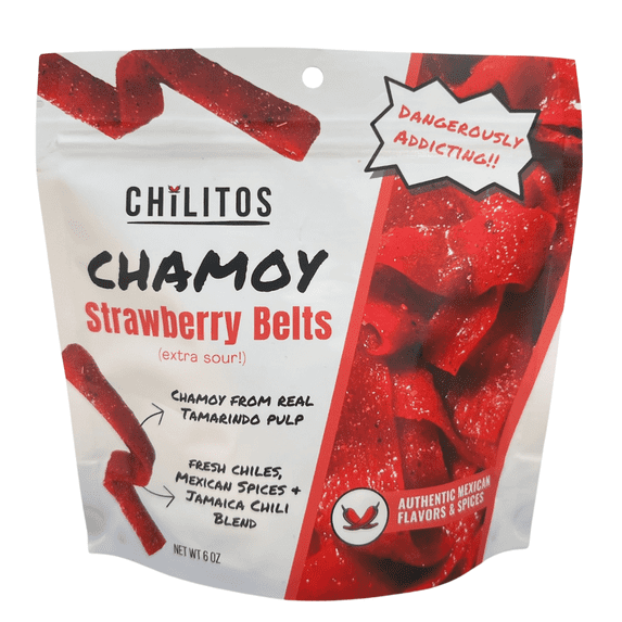 Chilitos Strawberry Sour Belts Chamoy Candy, Infused with Tamarindo Chamoy and Chili Coated Mexican Candy, 6 oz Bag