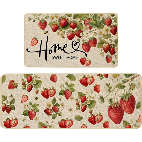 Strawberry Spring Kitchen Mats Set of 2, Floral Home Sweet Home Kitchen Rugs for Floor Hallway Laundry Sink Non Slip Low-Profile Seasonal Home Decor 17x29 and 17x47 Inch