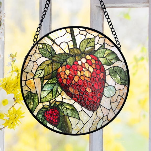Strawberry Stained Glass Suncatcher, Realistic Berry Detail, Kitchen Window Decor, Garden Style, Glass Panel, Fruit Lovers, Summer Gift
