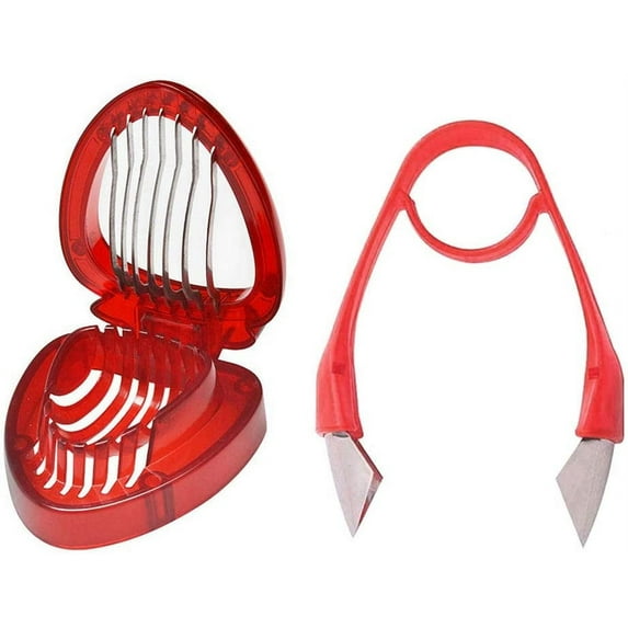 Strawberry Stem Remover Slicer Set Fruit Corer Strawberry Slicer Core Remover Tool Huller Cutter Stem Pineapple Stalk Leaves Kitchen Gadget Set 2pcs By Torubia-Red
