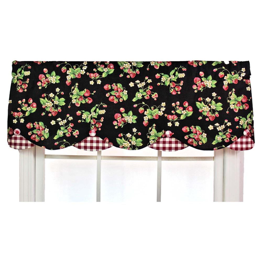 Black Strawberry Floral Cotton Scalloped Window Valance