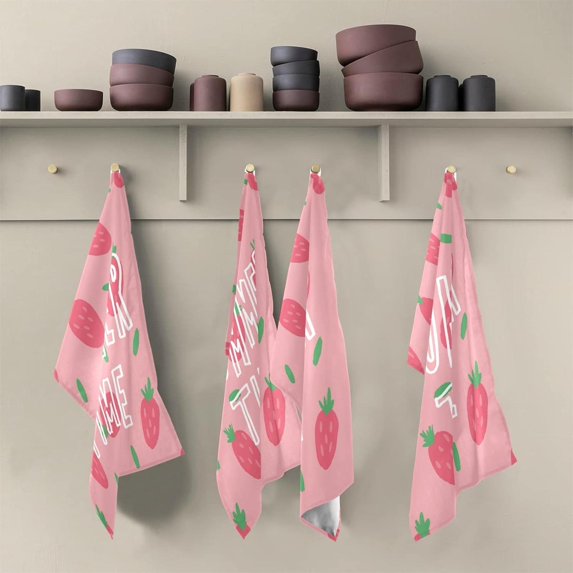 Strawberry Summer Time Tea Towels Set of 6 Cartoon Kitchen Dish Cloth with Hanging Loop, 18"x28"Lint-Free Absorbent Towel for Kitchen Drying Wiping and Cleaning