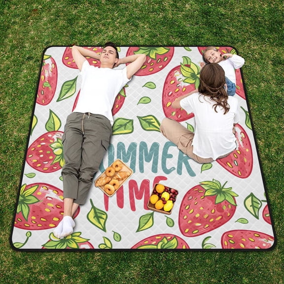 Strawberry Summer Time Word Beach Blanket Outdoor Picnic Blanket 78"x 78" Waterproof Foldable for Beach Camping Travel Hiking Grass Lawn Park
