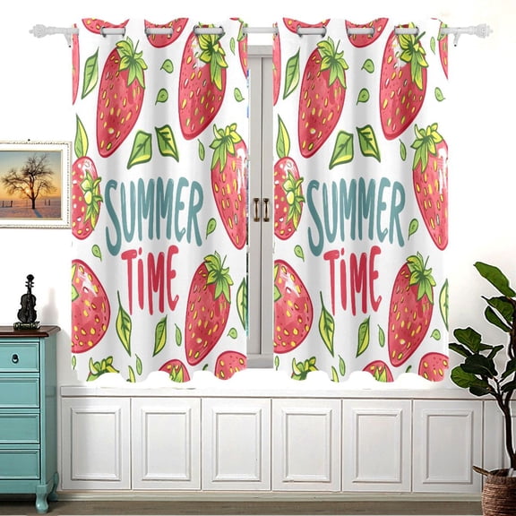 Strawberry Summer Time Word Black Out Curtains Aesthetic for Bedroom Living Room Sliding Glass Doors Kitchen Windows 2 panels set